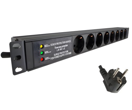 19-inch socket strip aluminium, 8-way, overvoltage protection, LED, GS, black, cable length 1.80m